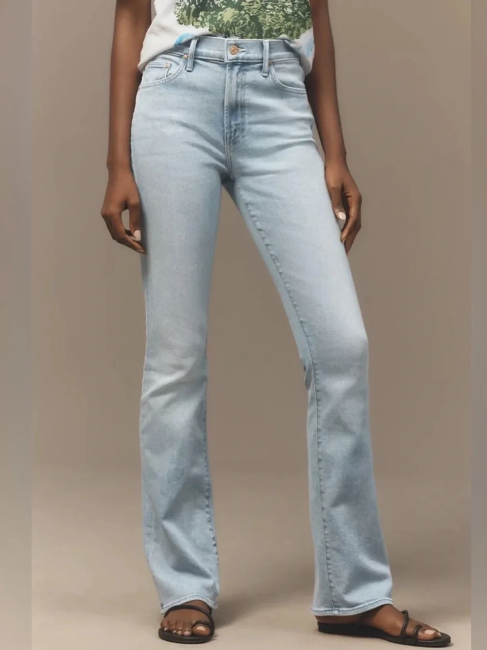 MOTHER The Insider Sneak High-Rise Flare Jeans Sz 26 Lost Art Light Blue Boho